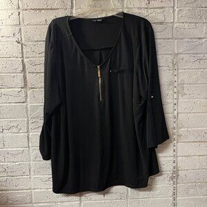 Roz & Ali 3X Black Zip Front Blouse – Lightweight Roll Tab Sleeve Top
